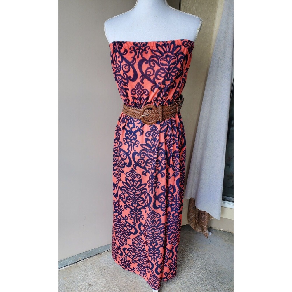 Almost Famous Dress Women Large Orange Blue Damask‎ Strapless Summertime Cowgirl
